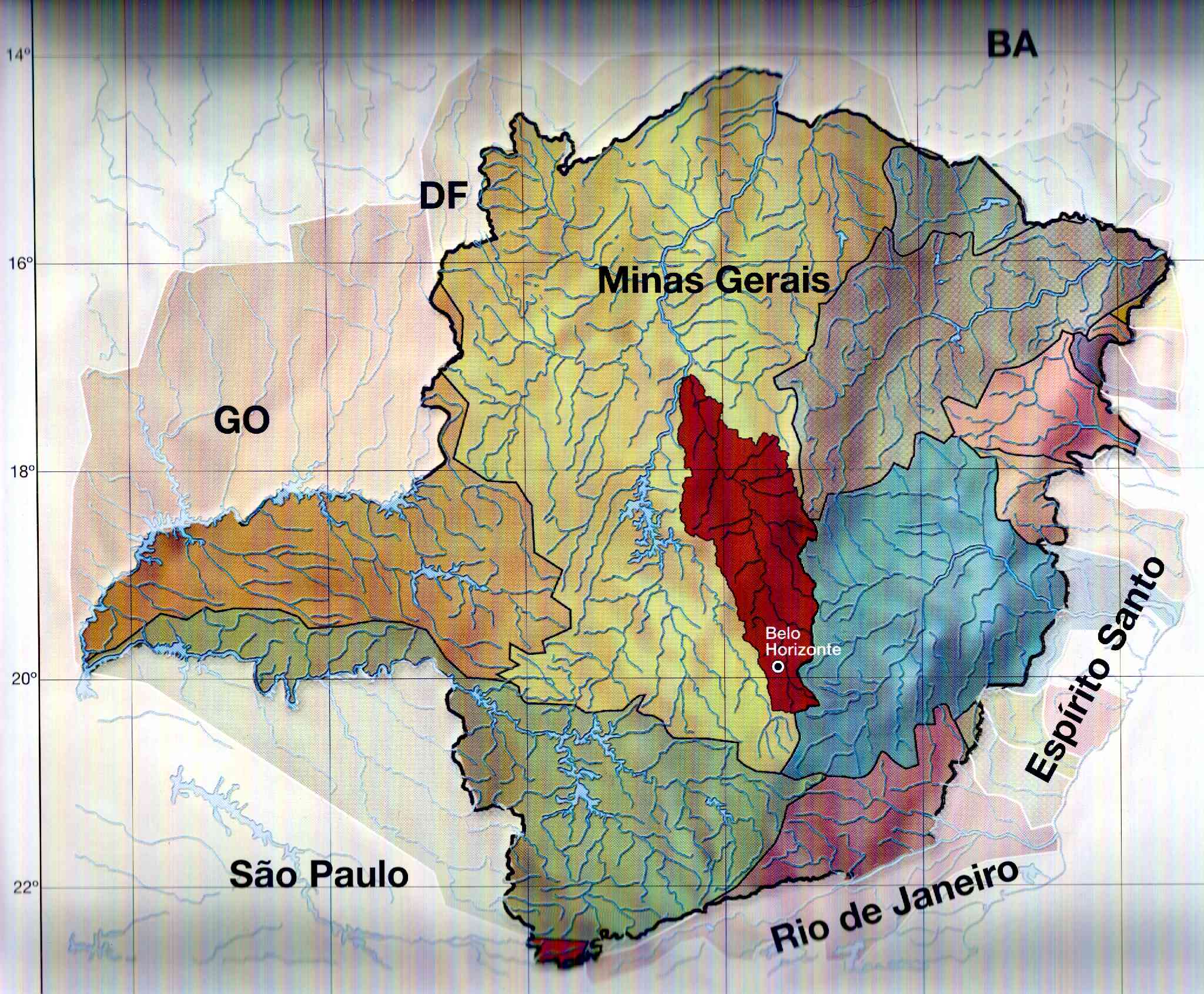 Mapa da Bacia do Rio das Velhas dentro do estado de Minas Gerais