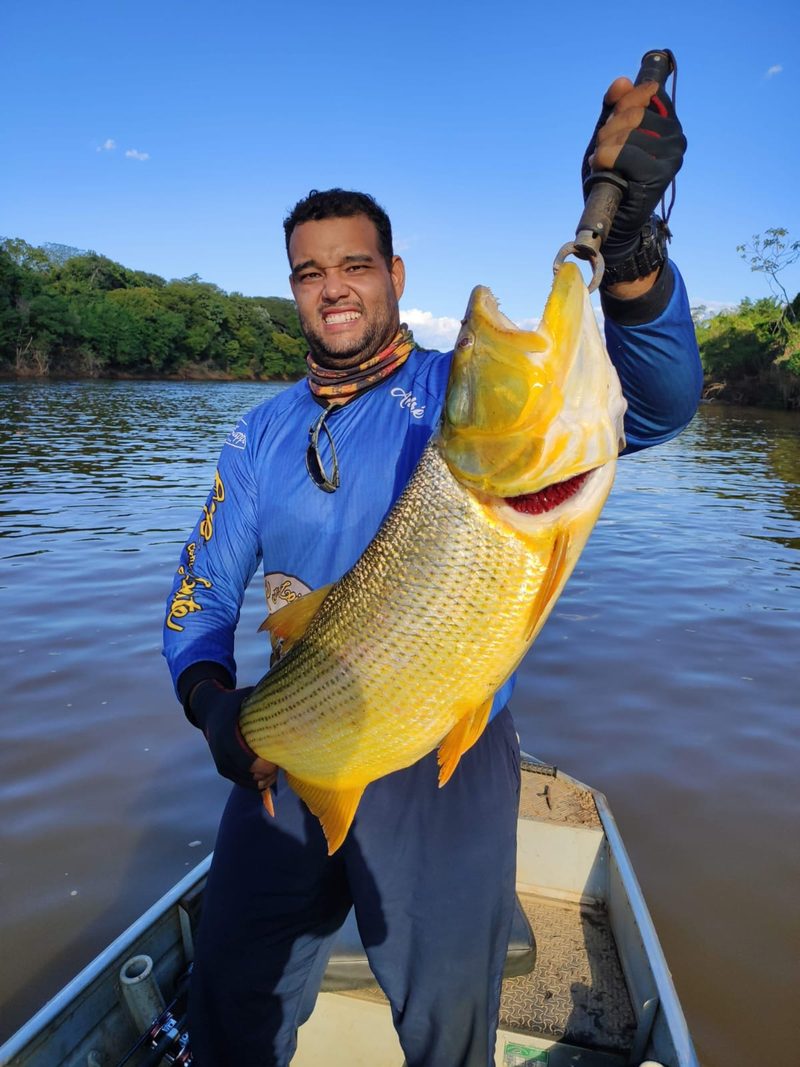 O pescador André Augusto segurando um dourado adulto, Salminus franciscanus, em trecho íntegro da bacia, indicador biológico de rio vivo