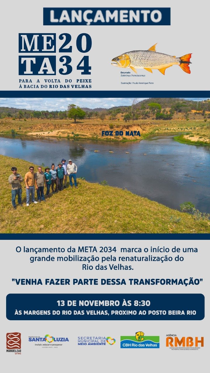 Cartaz oficial do lançamento da Meta 2034 — 13 de novembro, às margens do Rio das Velhas, próximo ao Posto Beira Rio, Foz do Mata