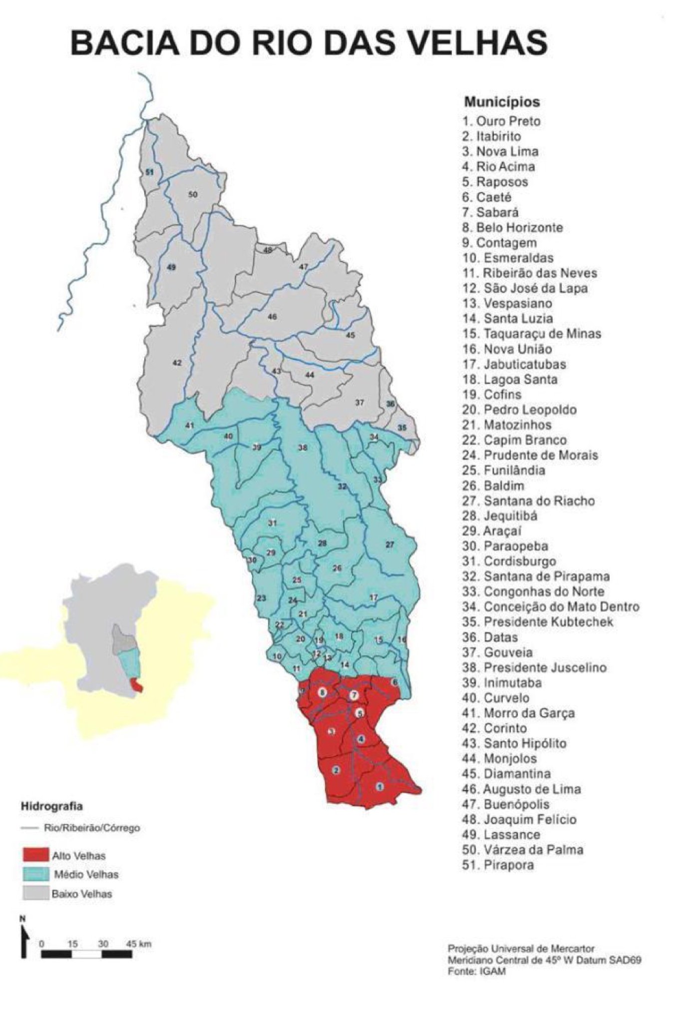 Mapa da bacia do Rio das Velhas dividida em Alto, Médio e Baixo Velhas, com os 51 municípios numerados e listados ao lado